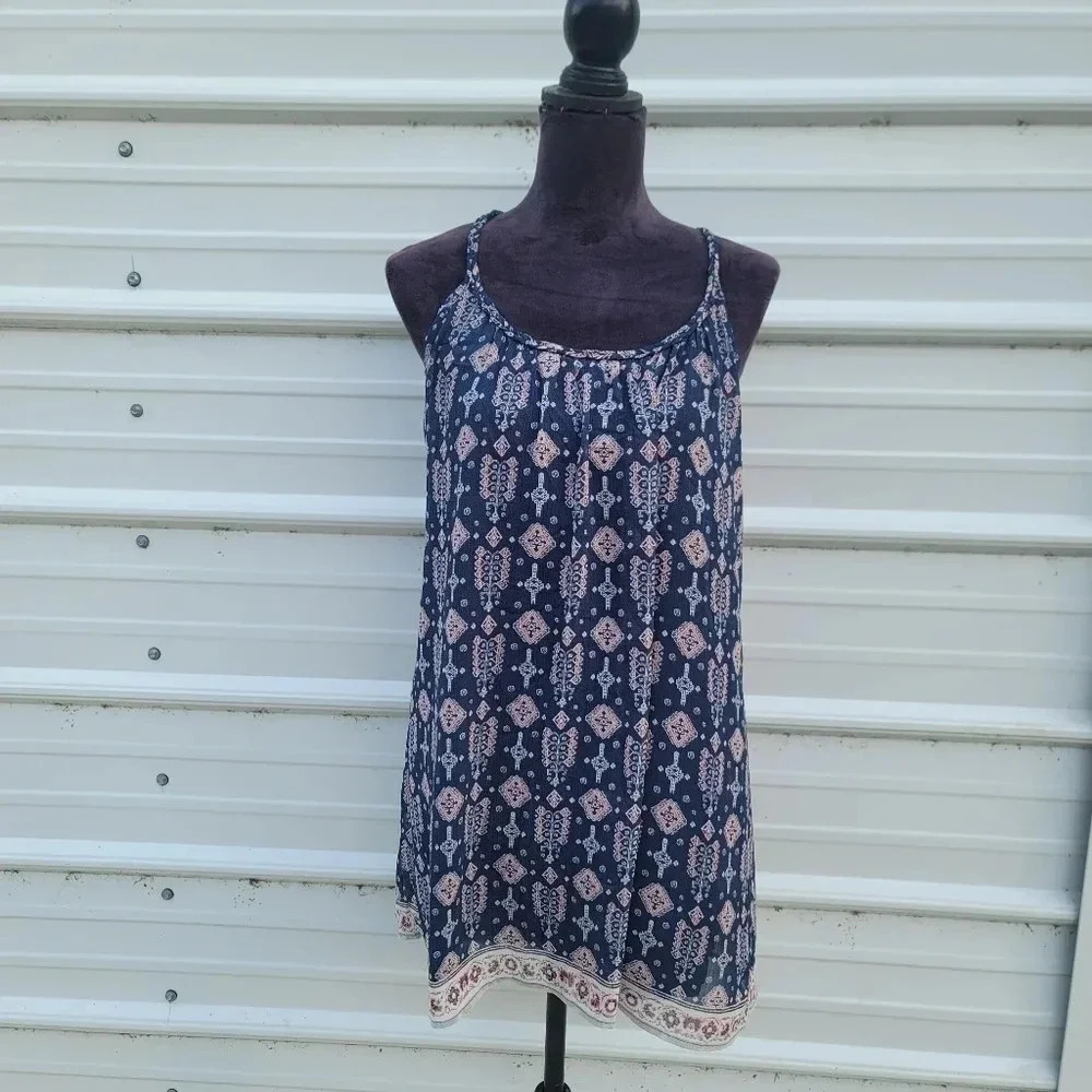 Hollister California Spaghetti Strap Short Geo Print Dress Mini Navy Blue Sz S